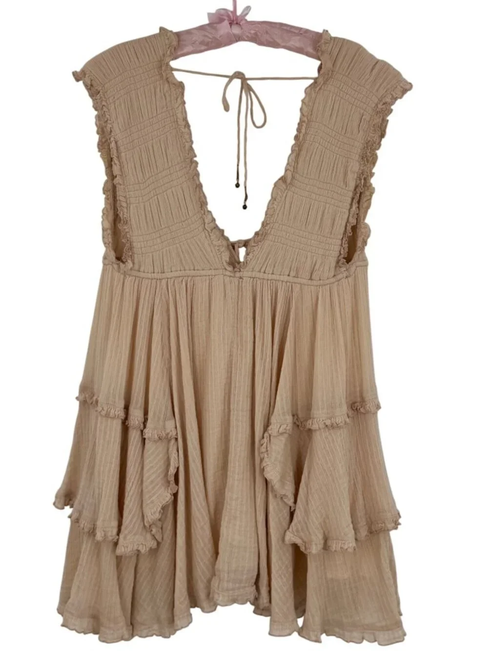 Free People Beige Layered Ruffle Ruched V-Neck Mini Dress S | Coastal Boho Indie - Picture 7 of 13